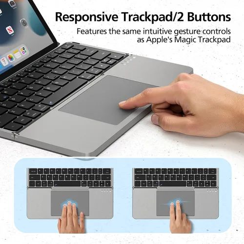 Vista 3 de Mircopack - Teclado Bluetooth plegable con panel táctil y soporte para iPad/iPhone/MacBook, 3 dispositivos, cubierta magnética de piel sintética Gris