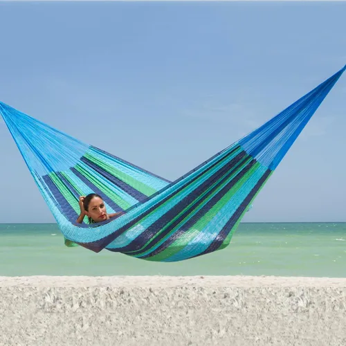 Vista 2 de NOVICA Hamaca artesanal de algodón hecha a mano, comercio justo, rayas mexicanas, maya, doble azul, verde, cuerda de buceo