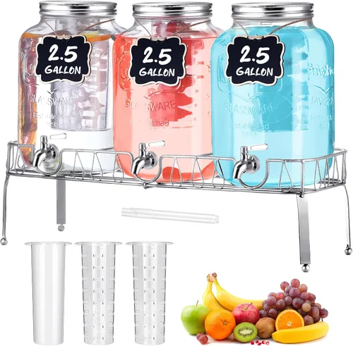 Vista 8 de Lallisa 3 dispensadores de bebidas de 2.5 galones para fiestas, dispensador de agua de bebidas de vidrio con soporte, de acero inoxidable, a prueba