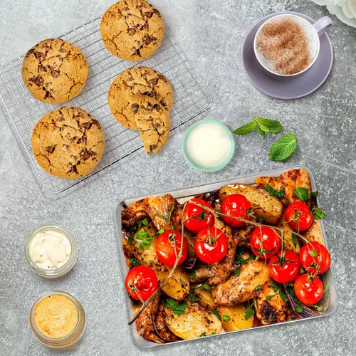 Vista 4 de P&P CHEF, bandeja para horno tostador de 9 pulgadas con juego de rejilla, bandeja de hornear de acero inoxidable y rejilla de enfriamiento