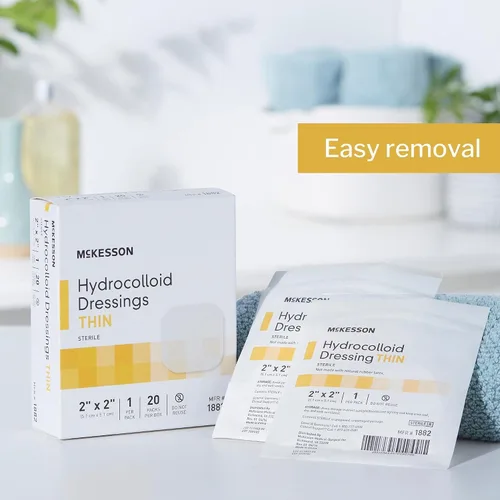 Vista 10 de McKesson Aderezo hidrocoloide, estéril, delgado, 2 in x 2 in, 20 unidades, 1 paquete Parche impermeable para úlceras de cama, quemaduras leves