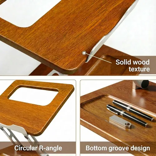 Vista 6 de Soporte ergonómico de madera para portátil con ranura para bolígrafo, altura y ángulo ajustables, refrigeración hueca, plegable para uso
