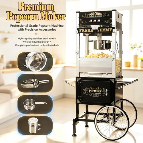 Vista 8 de 20 OZ Commercial Popcorn Machine with Cart - Stainless Steel Kettle Popper with Wheels, Warming Deck & Tempered Glass, for Business, School