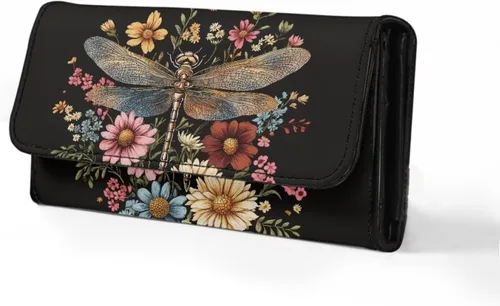 Vista 4 de AFPANQZ Carteras de bolsillo para mujer, diseño de libélula 3D, de cuero, con ranuras para tarjetas múltiples, elegante cartera con cierre