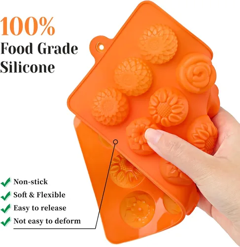 Vista 3 de 6 piezas de moldes de silicona para chocolate con forma de flor, juego de moldes de 15 cavidades con forma de rosa, corazón, estrella, moldes
