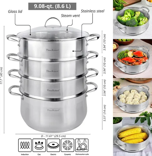 Vista 2 de Olla de vapor de acero inoxidable de 3 niveles con tapa, olla de vapor para cocinar (3 niveles), olla de cocina de múltiples capas, sartén de cocina