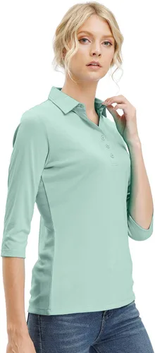 Vista 5 de Camisas de golf de manga 34 con cuello en V para mujer, absorben la humedad, camisetas de punto de rendimiento, fitness, entrenamiento, deportes