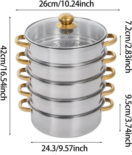 Vista 6 de Steamer Pot,5-Tier Stainless Steel Stockpot Steamers with Glass Lid and Anti-Scalding Handles,Polishing Steamer Cookware Pot for Induction Cookers