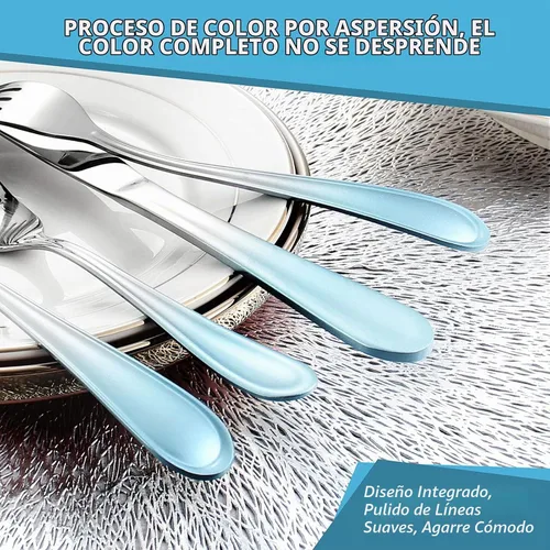 Vista 4 de Juego de cubiertos azules, juego de cubiertos de acero inoxidable de 20 piezas, cubiertos pulidos con espejo, juegos de cubiertos reutilizables Azul