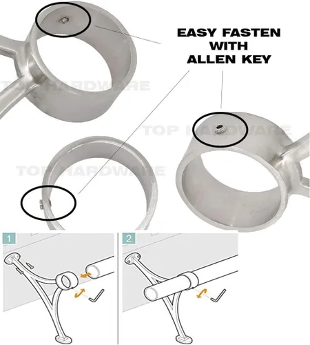 Vista 2 de Kit de riel de pie de montaje combinado, acabado dorado satinado, tubo de acero inoxidable de 2 pulgadas de diámetro exterior con conector interno