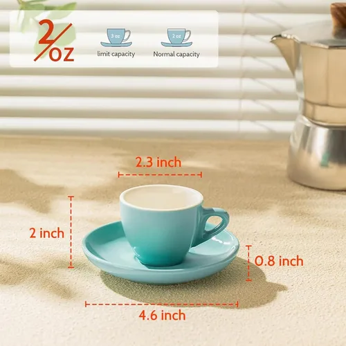 Vista 2 de Sweese Tazas de espresso de 2 onzas con platillos, juego de 6 tazas de espresso de porcelana, colores surtidos