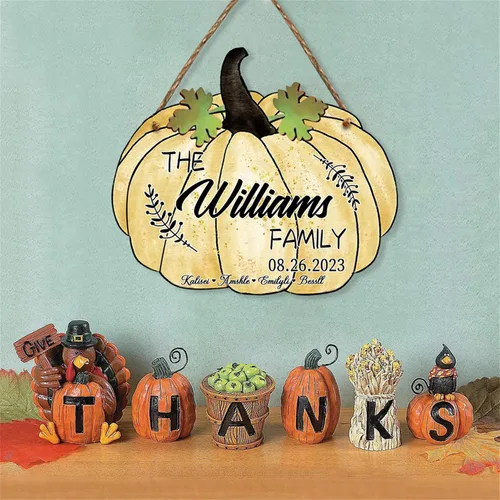 Vista 7 de Colgante decorativo de calabaza de otoño con 1-10 nombres, colgante familiar de calabaza personalizada para puerta delantera, porche, patio