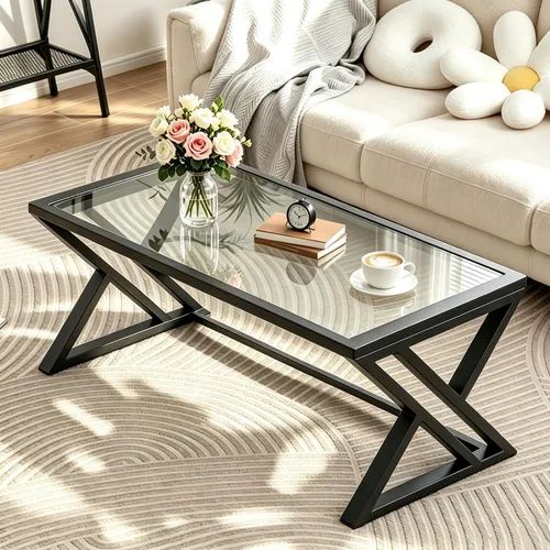 Vista 14 de Wolawu - Mesa de café para sala de estar, mesa central negra, mesa de té rectangular moderna y simple de mármol falso con marco de metal acabado