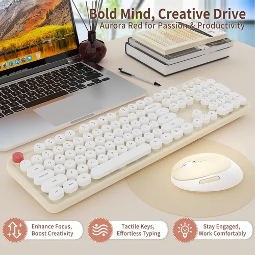 Vista 4 de HotFox Combo de Teclado y Ratón Inalámbrico, Teclado Retro de Máquina de Escribir de Tamaño Completo con Keycaps Redondos, Diseño Ergonómico para PC