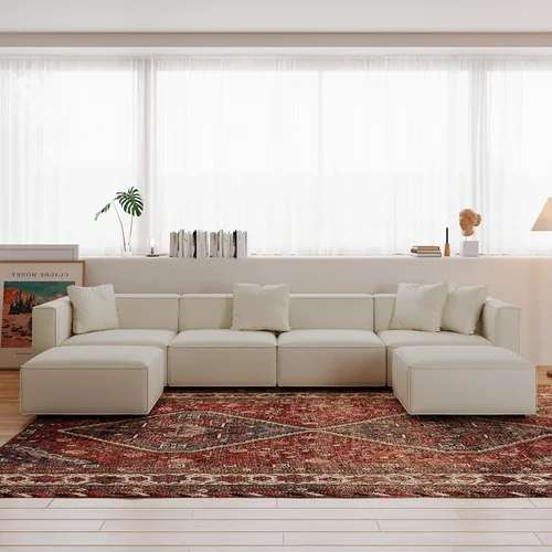 Vista 11 de Acanva Juego de Sofá Seccional Modular de Lujo para Sala de Estar, Sofá de Estilo Moderno Minimalista con Otomana y Chaise, Forma de U, Crema