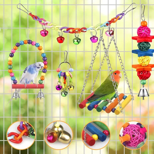Vista 2 de Juguetes para pájaros para cotorras con escalera colorida, hamaca, accesorios para jaula de pájaros, percha para pájaros, juguetes para masticar