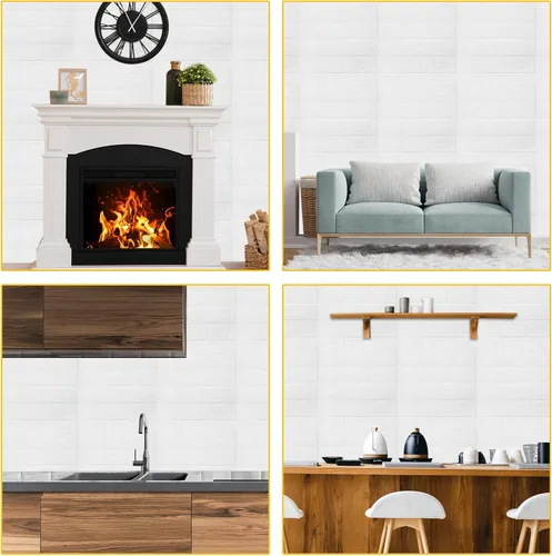 Vista 7 de uxcell Paneles de pared 3D para despegar y pegar, 30 piezas de papel tapiz de ladrillo de espuma para dormitorio, panel de pared de piedra Blanco