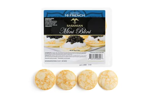 Vista 3 de Caja de regalo de Osetra importada real de 1 oz + cuchara de nácar y Blini