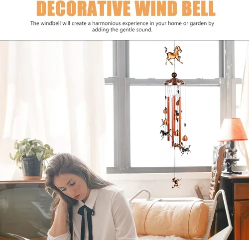 Vista 9 de Yardwe Campanilla de viento vintage Feng Shui colgante de caballo, tubo colgante de caballo, campanillas de viento conmemorativas de metal, campanas