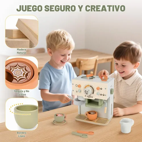 Vista 5 de Cafetera de juguete, accesorios de cocina de madera para niños, juego de simulación, verde
