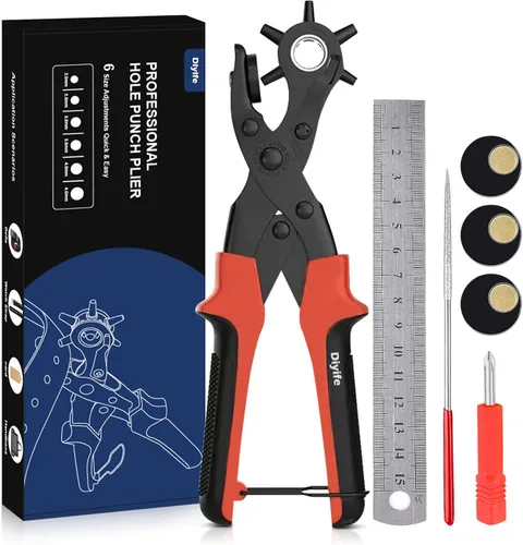Vista 9 de Diyife® Perforadora de cuero, perforadora para cinturón resistente, kit de alicates giratorios con aguja de molienda extra, placas de perforación