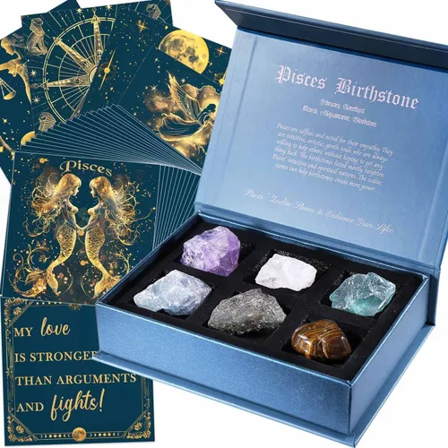 Vista 8 de Faivykyd Regalo de cristales de acuario para mujer, 6 piedras del zodiaco de acuario con 50 tarjetas de afirmación de mantras milagrosos, regalos