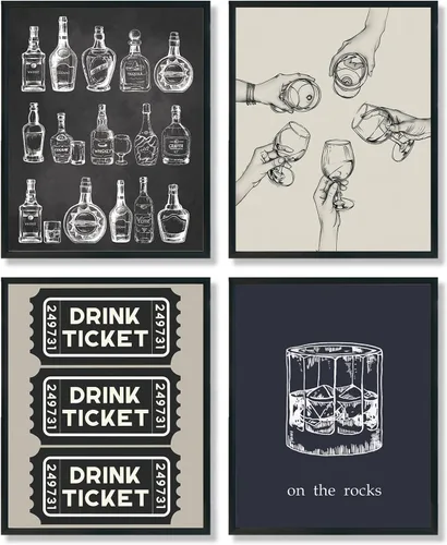 Vista 8 de ULEGIE Decoración de pared de bar, decoración de carrito de bar, decoración de pared retro de cóctel de champán, juego de 4, póster de bar