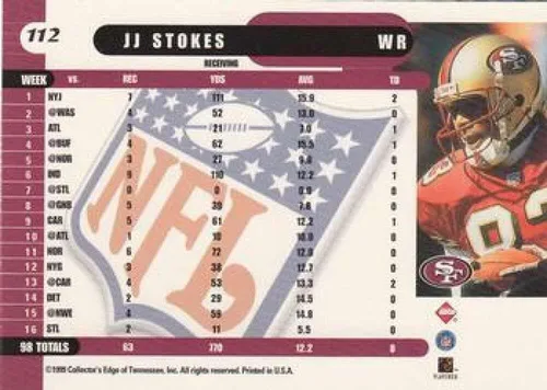Vista 2 de 1999 Collector's Edge Supreme #112 J.J. Stokes San Francisco 49ers Official NFL Football Trading Card in Raw (NM or Better) Condition