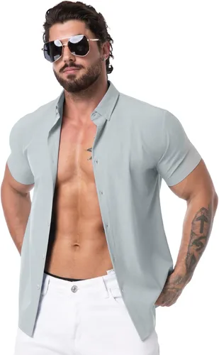 Vista 3 de Askdeer Camisas de ajuste muscular para hombre, sin arrugas, manga corta, casual, elástica, ajustada, con botones