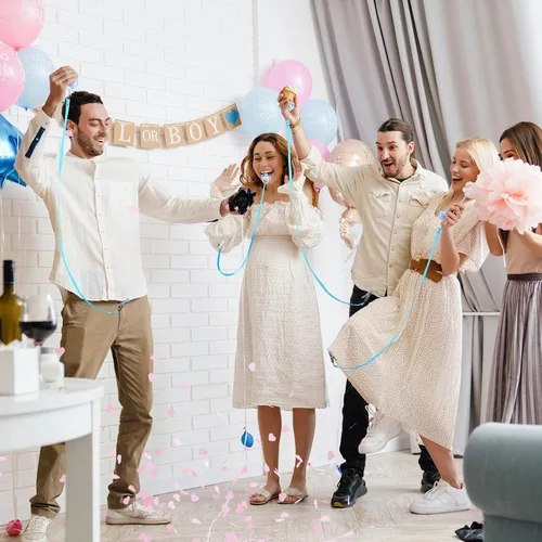 Vista 5 de Geelin Juego de 12 juegos de chupete con columpio para baby shower, juegos divertidos de revelación de género, incluye 1 letrero de madera y 12