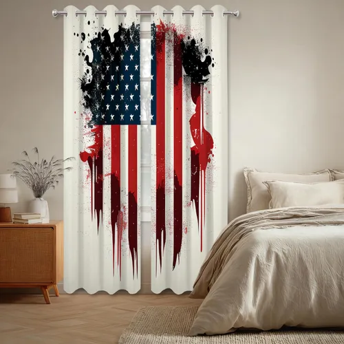 Vista 52 de Batmerry American Flag Ink Dot Blackout Tier Curtains, Red Blue White Stars Abstract Thermal Insulated Half Curtain Rod Pocket Small Valance for