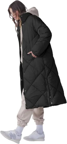 Vista 2 de Tankaneo Chaqueta acolchada acolchada para mujer, abrigos largos de invierno con cremallera, ropa de abrigo holgada con bolsillos
