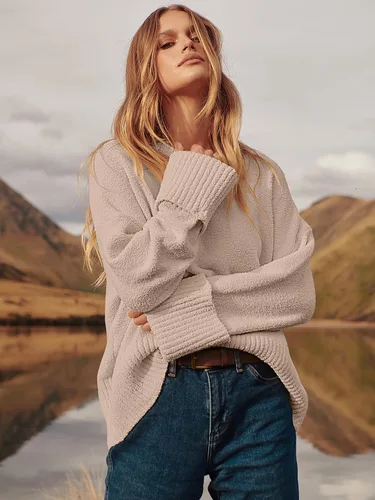 Vista 101 de LOGENE Suéter de gran tamaño para mujer, cuello redondo, manga larga, suave, mullido, suéter de punto 2025 para otoño e invierno