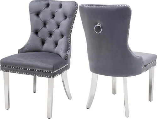 Vista 10 de Juego de 2 sillas de comedor de terciopelo beige, elegantes capitoné
