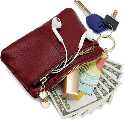 Vista 4 de ZOOEASS Mini monedero con cremallera de cuero genuino para mujer, con llavero con triple cremallera, tarjetero