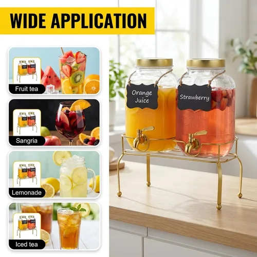 Vista 8 de Juego de 2 dispensadores de bebidas de vidrio de 1 galón – Dispensadores de bebidas para fiestas, dispensador de bebidas con soporte y grifo 100% a