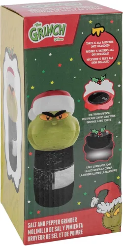 Vista 9 de Uncanny Brands Dr. Suess The Grinch - Molinillo de sal y pimienta - Molinillo eléctrico de doble cámara con grosor ajustable y luz LED - Funciona