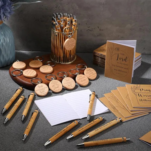 Vista 5 de Kisston Juego de 30 cuadernos de regalo religioso cristiano a granel, versículos bíblicos, bolígrafos de bambú y llaveros de madera, regalos