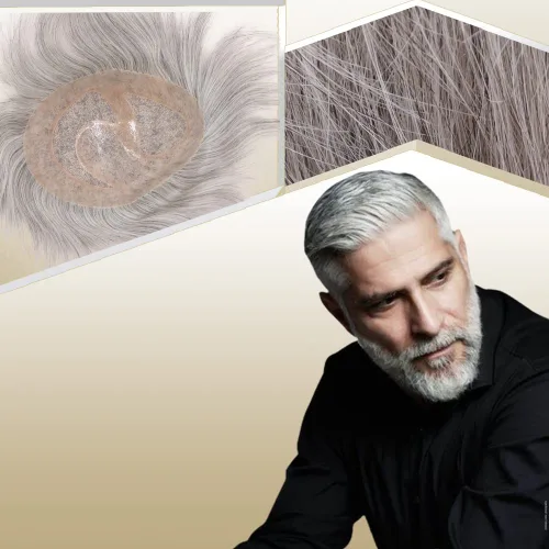 Vista 9 de Toupee para hombres sistemas de reemplazo de cabello humano real europeo para hombres, postizos finos, centro de encaje, piel más gruesa, pieza