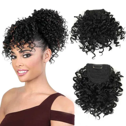 Vista 3 de Peluca rizada con flequillo corto afro para mujeres negras, G&T Wig, rizos esponjosos, flequillo clip-in (1B, flequillo simple)