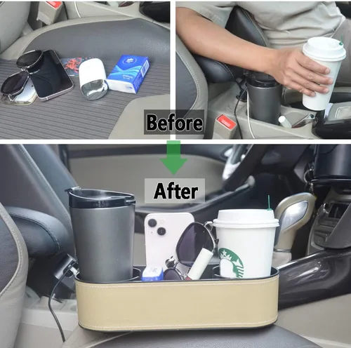 Vista 3 de Organizador Expansor de Portavasos para Auto, Organizador Multifuncional de Portavasos con Cubierta de Piel Sintética, Caja de Almacenamiento