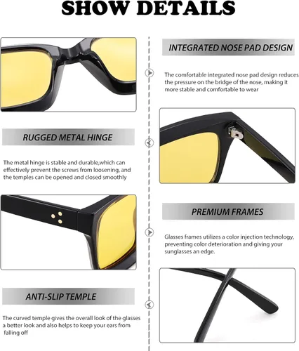 Vista 5 de NULOOQ Lentes de conducción de visión nocturna para mujeres y hombres, marco grueso cuadrado antirreflejos, lentes polarizados amarillos HD UV400