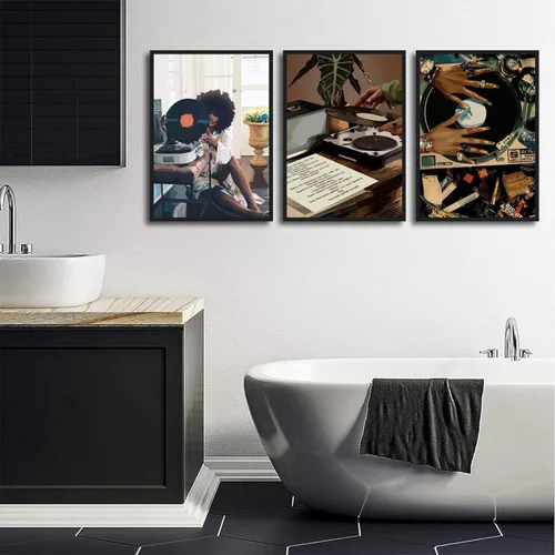 Vista 6 de Lienzo enmarcado de niña negra, 3 unidades, diseño de niña negra, música de discos, decoración de pared, cuadros de niña negra funky, pósteres