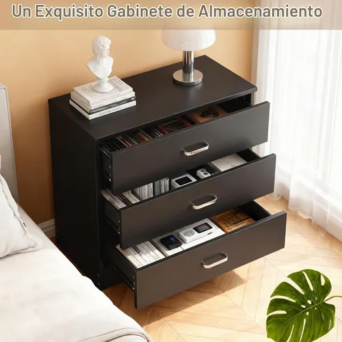 Vista 7 de Vasitelan Cómoda de madera con 3 cajones, cómoda de almacenamiento moderna, mesita de noche de madera para dormitorio, sala de estar (negro)