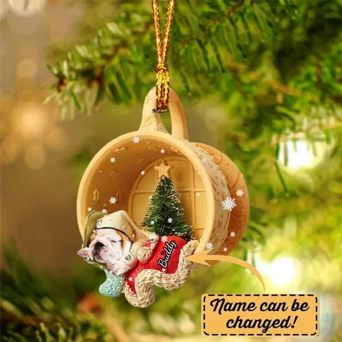 Vista 2 de Adornos de acrílico de encargo de la Navidad del nombre del perro, forma 2D personalizada para los amantes del perro Bulldog