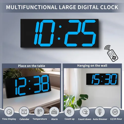 Vista 7 de CHKOSDA Reloj de pared digital grande de 18.7 pulgadas, reloj digital LED con número grande, reloj de pared multifunción con control remoto