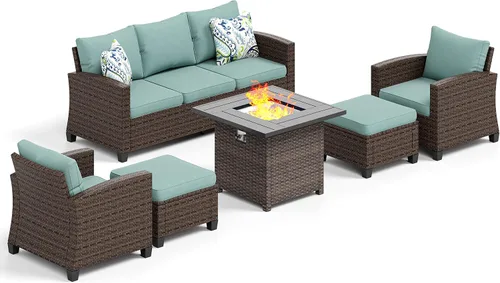 Vista 73 de HERA'S HOUSE - Juego de muebles para patio con mesa para fogata, muebles de mimbre para exteriores, sofá de conversación con asientos profundos