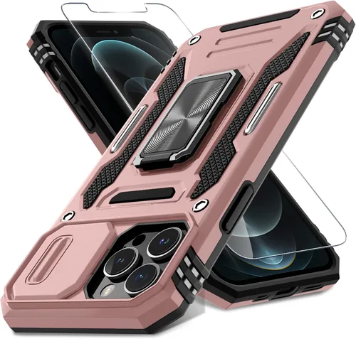 Vista 9 de DEERLAMN Funda para iPhone 13 Pro Max con cubierta deslizante para cámara + protector de pantalla (1 unidad), anillo giratorio con soporte de grado
