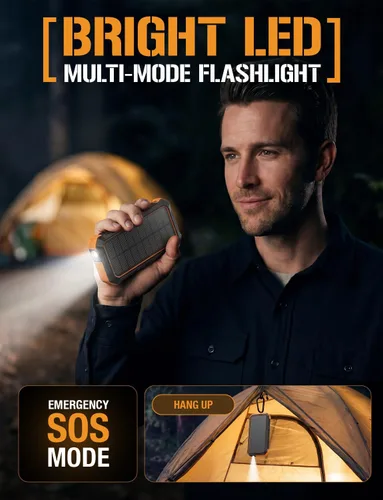 Vista 7 de ToughTested Cargador portátil de banco de energía solar de 24000 mAh, batería externa de carga rápida con linterna LED, IP66 impermeable, a prueba