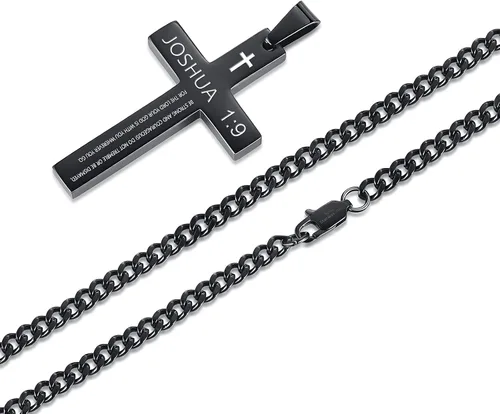 Vista 3 de REVEMCN Collar inspirador de cruz con versículo bíblico para hombres y niños, collar con colgante de cruz de plata negra lisa de acero inoxidable
